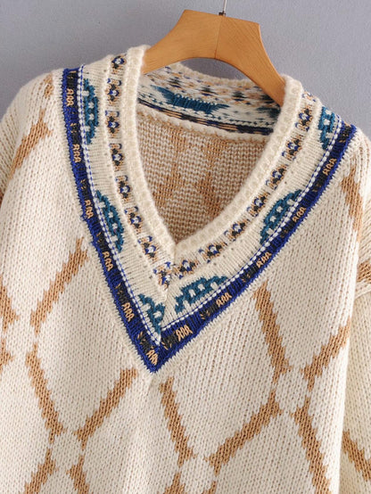 Embroidered pattern V-neck thickened ethnic style sweater loose-fitting sweater for women  1368