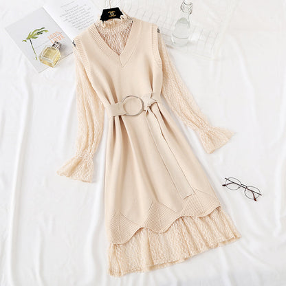 Minority LACE VEST knitted dress fashion suit two piece set female  2473