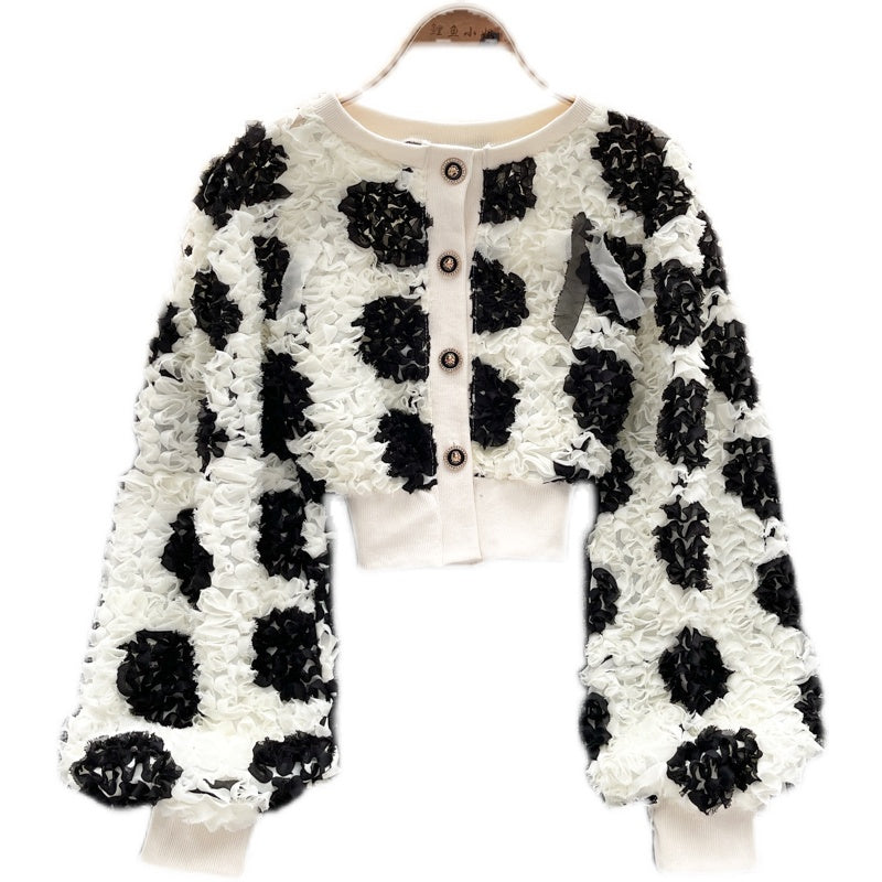 Sweet temperament three-dimensional flower bubble long sleeve top  1564