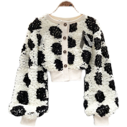 Sweet temperament three-dimensional flower bubble long sleeve top  1564