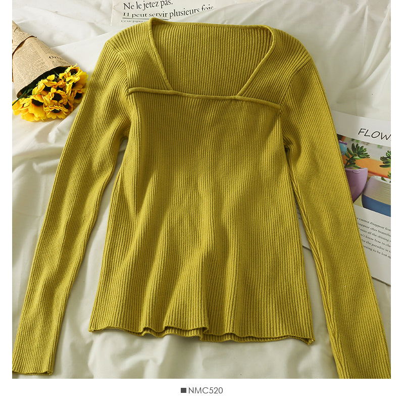 Solid color versatile low collar collarbone exposed long sleeve bottomed top  1813
