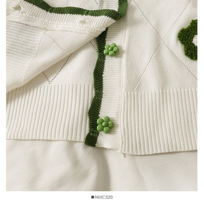 Sweet wind color blocking wavy edge stripe breasted cardigan top  1821