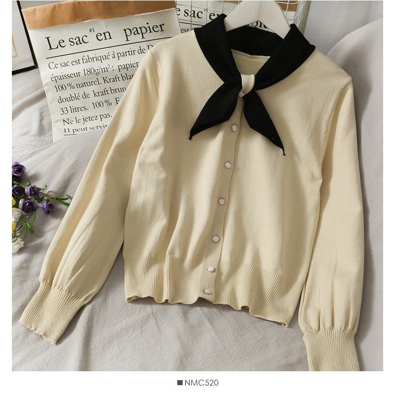 New color blocked bow single breasted loose knit  1937