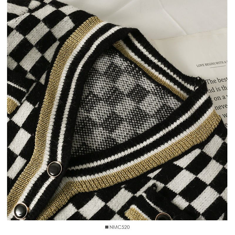 Plaid three button low neck cardigan women's sweater  1845