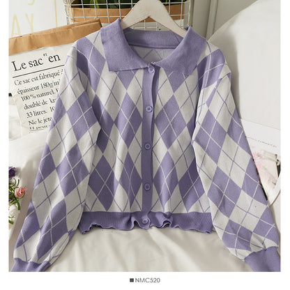 Vintage Lapel single breasted cardigan long sleeve sweater women's autumn  1819