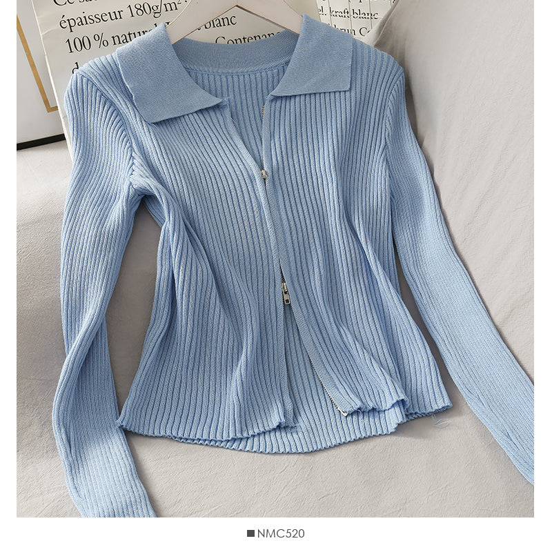 Personalized double zipper tight vertical stripe long sleeve knit  1777