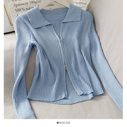 Personalized double zipper tight vertical stripe long sleeve knit  1777