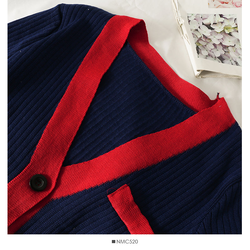 Han Fan contrast color stitched one button long sleeve sweater for women  1949