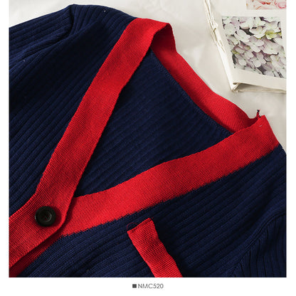 Han Fan contrast color stitched one button long sleeve sweater for women  1949