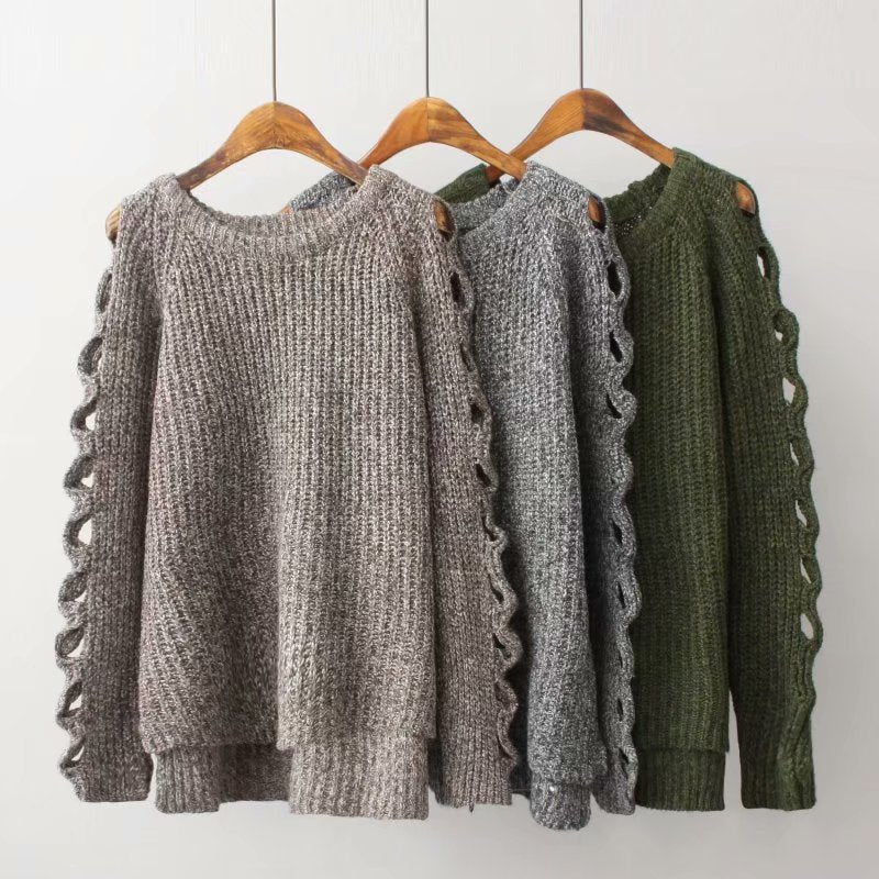 New autumn and winter pullover hollow out solid color thickened loose sweater and sweater  1373