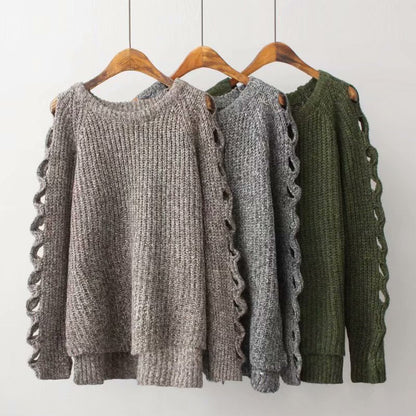 New autumn and winter pullover hollow out solid color thickened loose sweater and sweater  1373