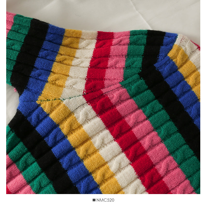 Elegant color stripe single breasted thin women's sweater  1788