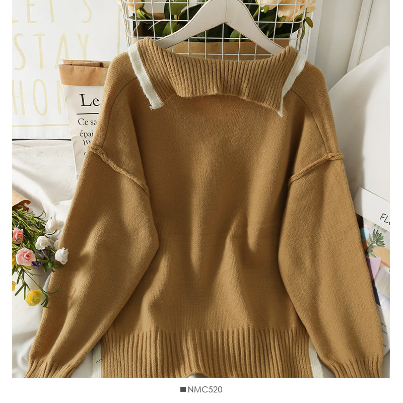 Korean color blocking stripe split loose thin V-Neck Sweater female  2000