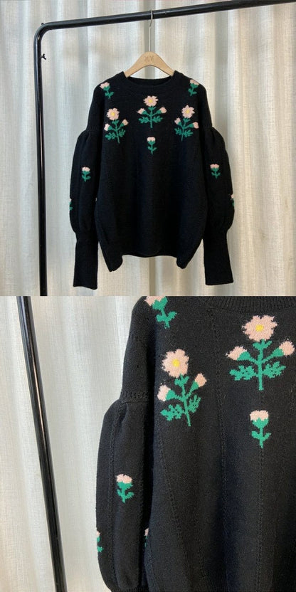 Temperament flower sweater, vintage, jacquard lantern sleeve jumper, fall outerwear top  1409