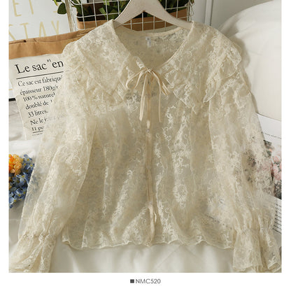 Lace bottomed shirt with vertical stripe knit vest  1714