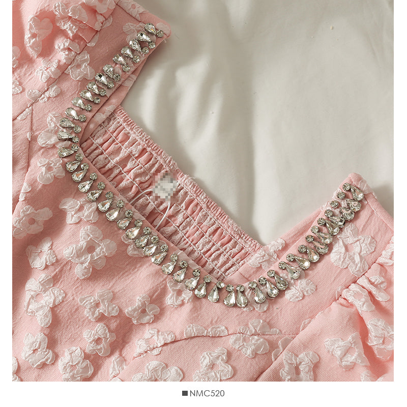 Collarbone bow tie long sleeve blouse embossed high waist skirt  2486