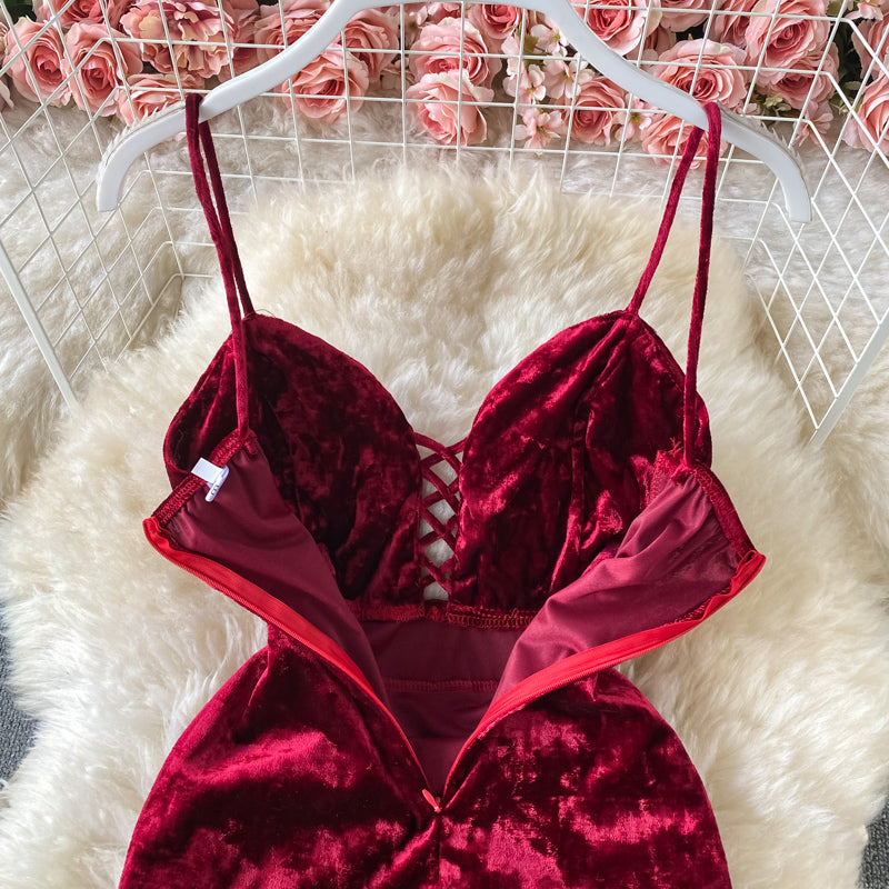 Banquet wine red evening dress velvet suspender split dress  3309