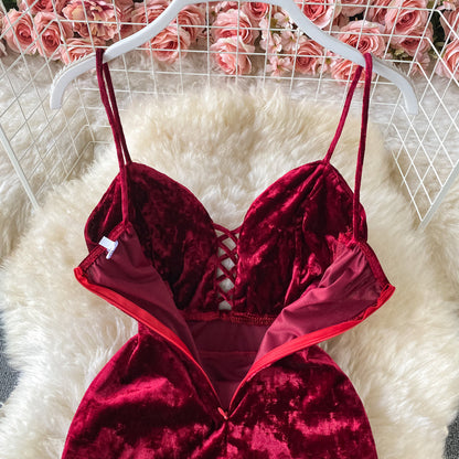 Banquet wine red evening dress velvet suspender split dress  3309