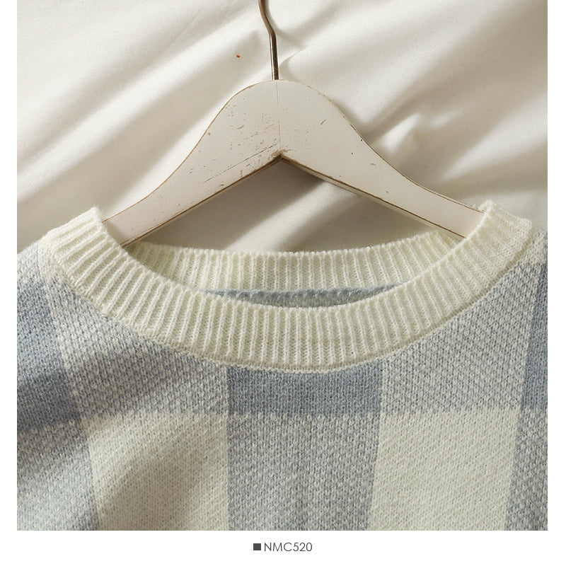 Korean color blocking Plaid round neck long sleeve Pullover short sweater  1968