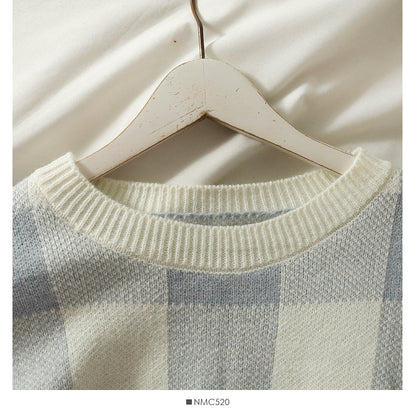 Korean color blocking Plaid round neck long sleeve Pullover short sweater  1968