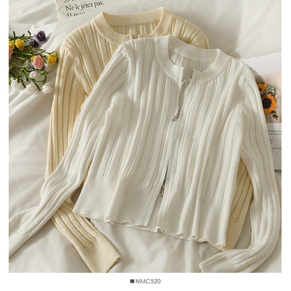 Slim vertical stripe crew neck short Zip Cardigan Sweater  1876