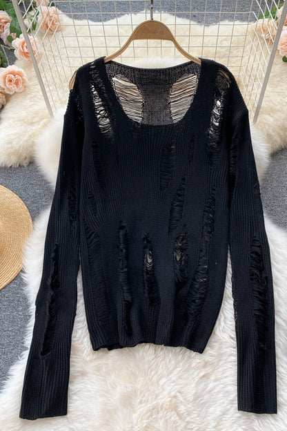 Wool sweater feminine V-neck hollow hole sweater  1594