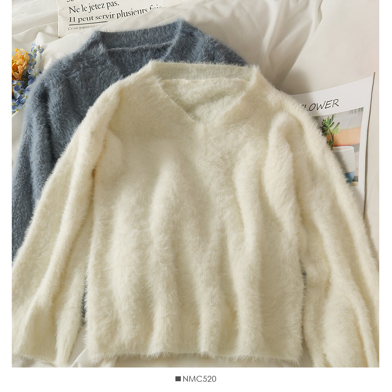 Plush loose thin V-Neck Sweater Korean versatile long sleeve Pullover Top  1995