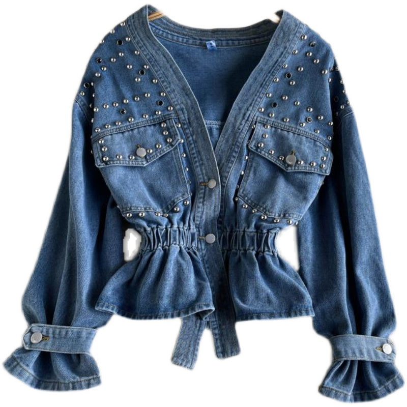 Waistband V-neck heavy industrial nail bead diamond design sense of minority denim jacket  1490