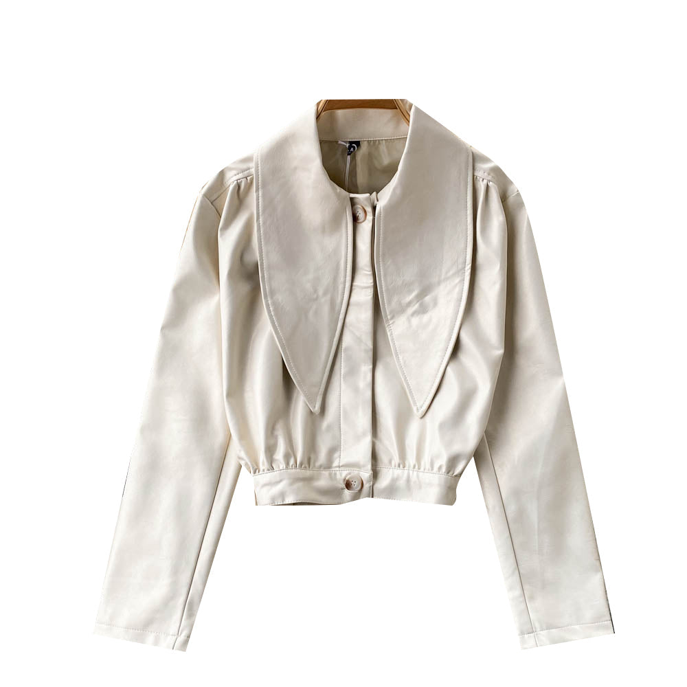 Women's Scarf Collar long sleeve single car leather coat  1510