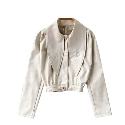 Women's Scarf Collar long sleeve single car leather coat  1510