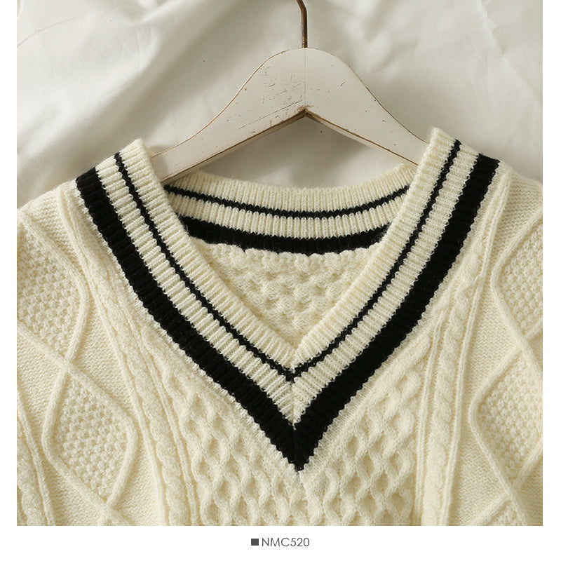 Sweater female diamond check loose thin sweater Korean V-neck  1863