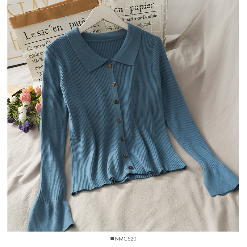 Lapel cardigan top female slim fit versatile sweater  1744