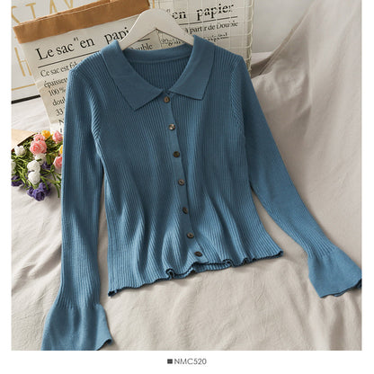 Lapel cardigan top female slim fit versatile sweater  1744