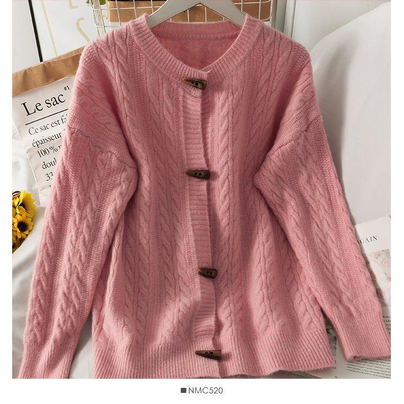 Sweater women's solid color ox horn button round neck sweater  1825