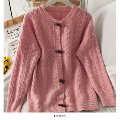 Sweater women's solid color ox horn button round neck sweater  1825