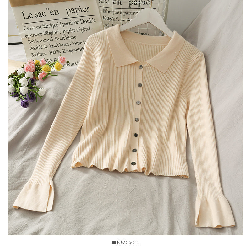 Lapel cardigan top female slim fit versatile sweater  1744