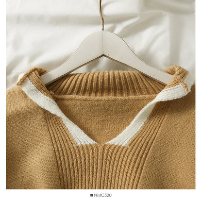 Korean color blocking stripe split loose thin V-Neck Sweater female  2000