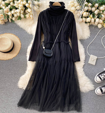 Stylish high neck bottoming shirt + sleeveless tulle dress two piece sets  1315