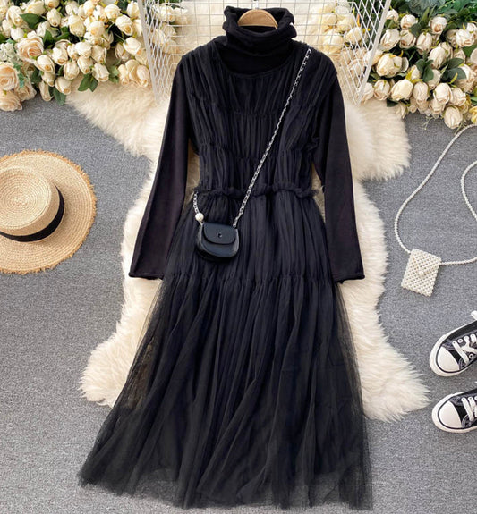 Stylish high neck bottoming shirt + sleeveless tulle dress two piece sets  1315