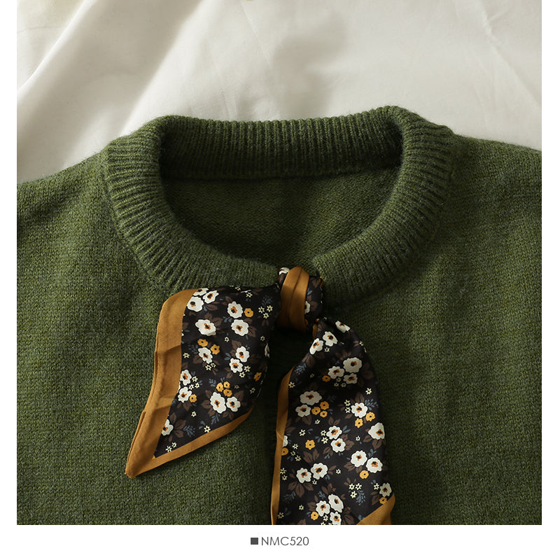 Vintage bow printed round neck long sleeve sweater for women  1841