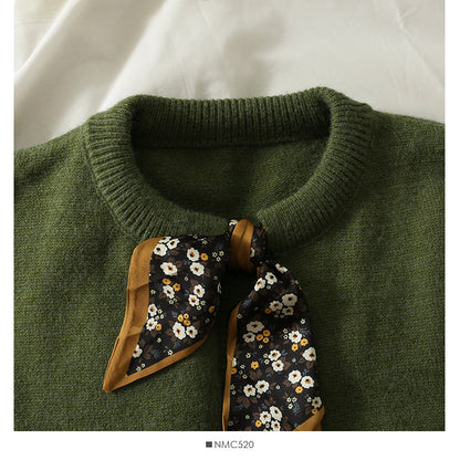 Vintage bow printed round neck long sleeve sweater for women  1841