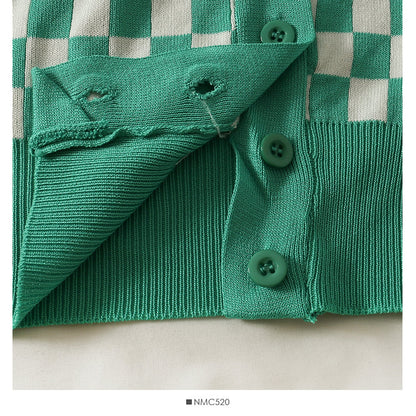 Plaid short single breasted long sleeved cardigan  1855