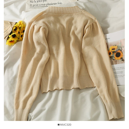 Korean bow tie short single breasted sweater for women  1945