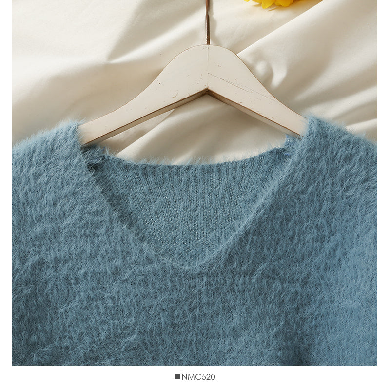 Plush loose slim V-Neck long sleeve sweater women's solid color versati  1964