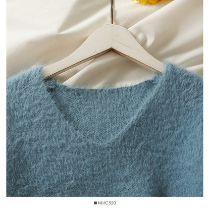 Plush loose slim V-Neck long sleeve sweater women's solid color versati  1964