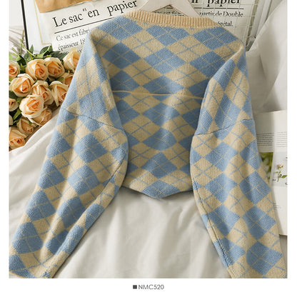 Diamond check short irregular long sleeved women  1697