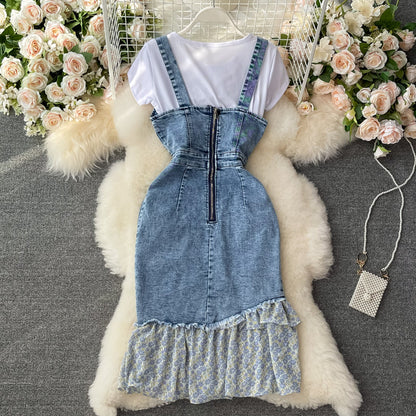 Irregular ruffled fishtail strap skirt denim dress two piece set  3064