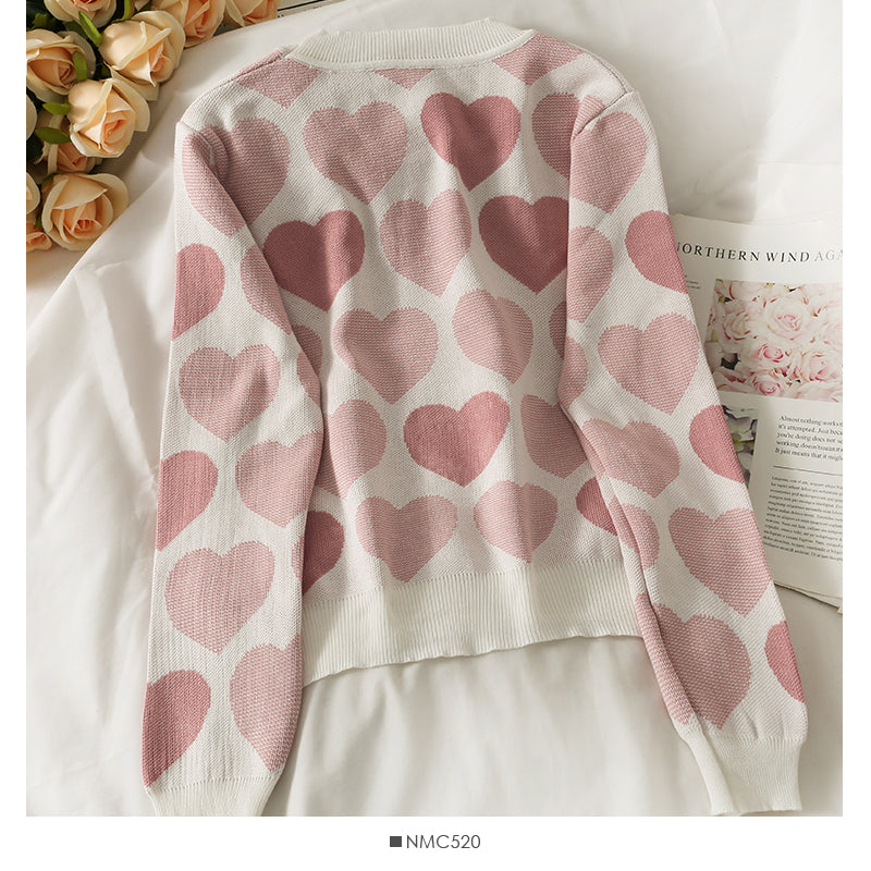 Sweet wind nail pearl heart print sweater for women  1839