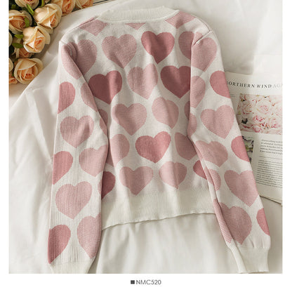 Sweet wind nail pearl heart print sweater for women  1839
