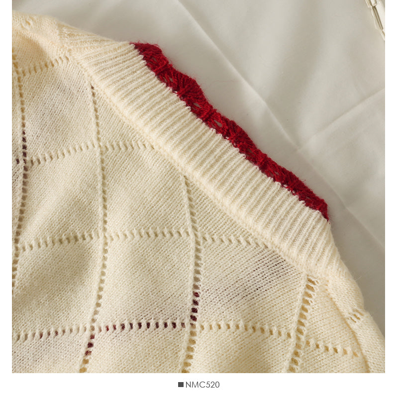 Cherry embroidered diamond check wavy edge sweater  1748